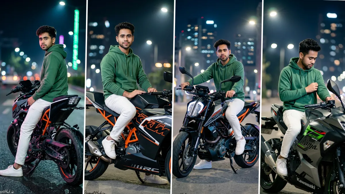 Ultra realistic AI biker photoshoot with sports bike in night city lights cinematic portrait style