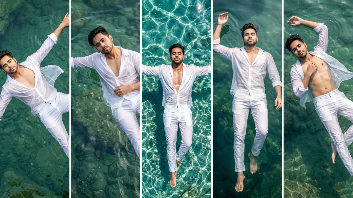 A five-panel cinematic collage featuring a young man with short dark hair in an all-white linen shirt and trousers, floating peacefully face-up in clear turquoise ocean water with light refracting ripples, striking varied relaxed poses with arms out or near his chest, illustrating realistic male model AI prompts on All AI Prompt Hub.