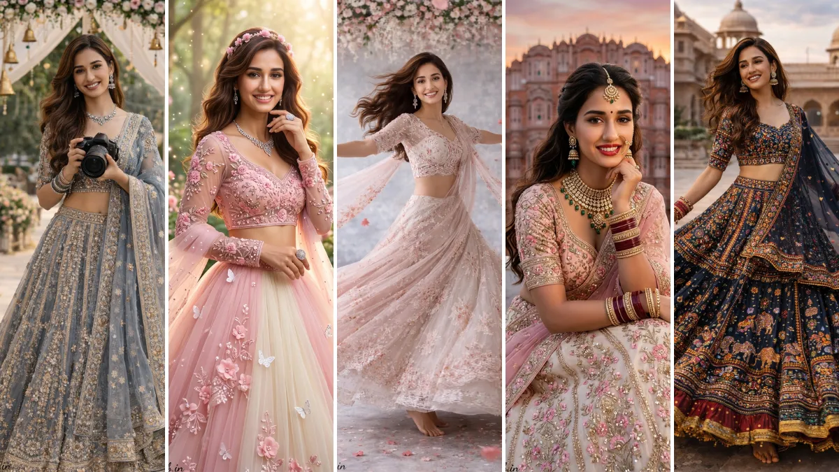 A five-panel cinematic collage featuring realistic AI-generated portraits of model Disha Patani in various traditional Indian bridal and festive lehengas. The panels include grey, pink, off-white, and dark navy blue lehengas with intricate embroidery, diamond jewelry, and diverse settings like a wedding altar, a palace courtyard, and the Hawa Mahal at sunset. This collage illustrates realistic female Indian fashion AI prompts on All AI Prompt Hub.