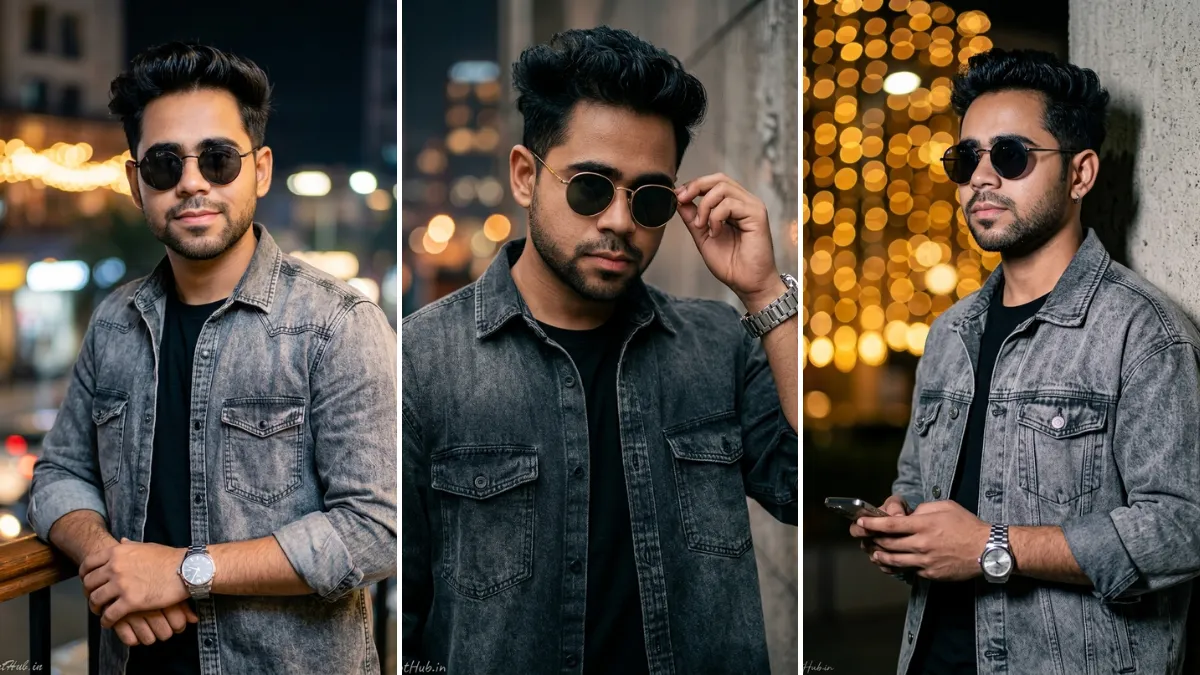 A three-panel cinematic collage featuring a young South Asian man in various realistic fashion poses at night, wearing a dark acid-wash denim jacket over a black shirt, and round dark sunglasses. He wears a silver watch and holds a phone in one panel. The background is a sophisticated blur of warm city lights and fairy light bokeh, illustrating realistic male portrait AI prompts on All AI Prompt Hub.