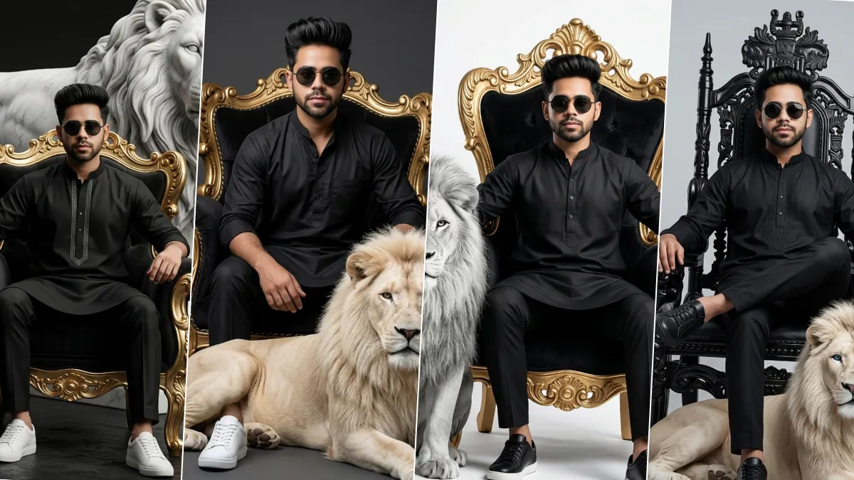 A four-panel cinematic collage featuring a young man with short dark hair in a distinct black traditional kurta and pajamas. He striking varied relaxed and powerful poses with dark sunglasses, sitting on detailed gold and black baroque-style thrones. In some panels, a majestic light-colored or white lion rests peacefully beside him. Intricate lion statues and contrasting dark and light studio backgrounds are present, illustrating realistic male portrait AI prompts on All AI Prompt Hub