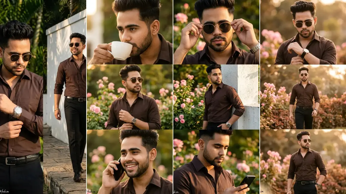 A twelve-panel cinematic collage featuring a young South Asian man with short dark hair in a brown button-down shirt and black trousers, striking various casual poses, including drinking from a white coffee cup, checking a silver watch, using a black smartphone, and walking through a sunny garden park with pink roses and green trees, illustrating realistic male model AI prompts on All AI Prompt Hub.