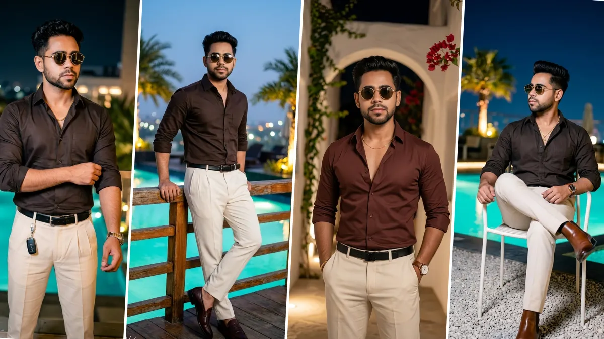 A four-panel cinematic collage featuring realistic AI-generated portraits of a young South Asian man with short dark hair in a brown button-down shirt and black trousers. He strikes dynamic poses, including adjusting sunglasses, holding a phone, drinking from a white coffee cup, and looking thoughtfully against varied settings like a garden with roses and a terrace at sunset, illustrating realistic male and lifestyle portrait AI prompts on All AI Prompt Hub