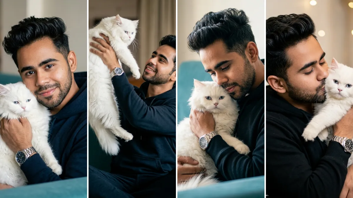 A five-panel cinematic collage featuring a young South Asian man with short curly hair in various relaxed and affectionate poses with a white Persian cat. In some panels, he is hugging, holding, or looking gently at the cat. The backgrounds include a sophisticated turquoise armchair and a warm, bokeh-filled living space with fairy lights. He is wearing a dark hoodie and a silver watch, illustrating realistic male and pet portrait AI prompts on All AI Prompt Hub