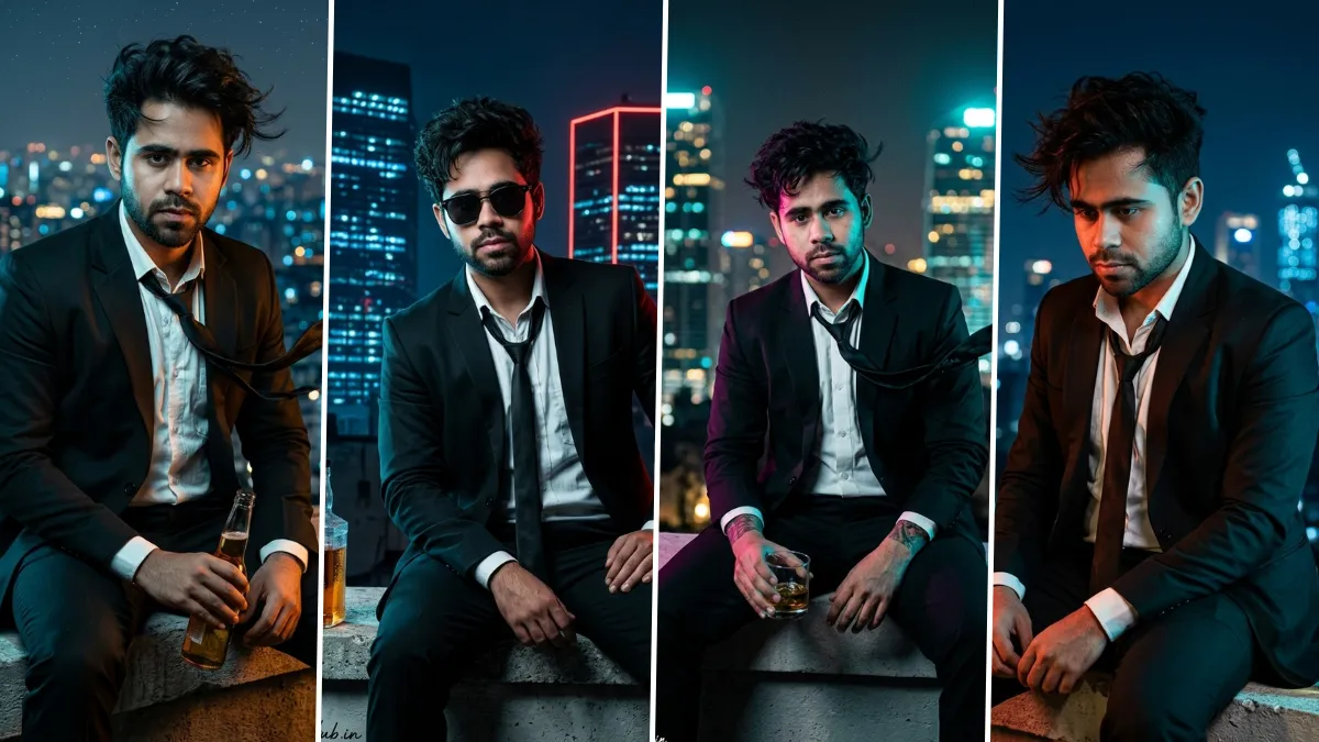 Ultra realistic cinematic AI night portrait of man in suit with city skyline background and neon lighting