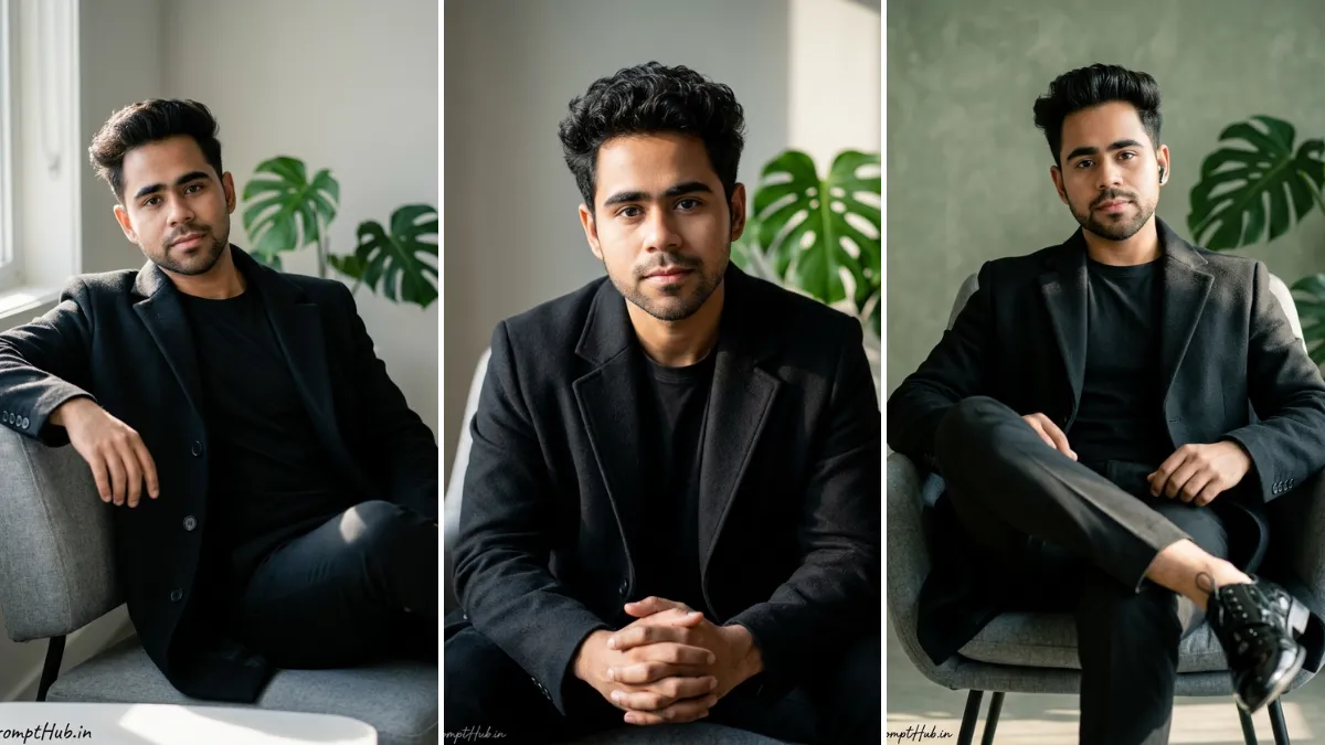A triptych collage featuring three professional and stylish photographs of the same young man. He is wearing a dark navy (or black) trench coat and an all-black outfit, seated in a grey armchair in a modern studio. Two panels show soft white walls and the central panel features a large green Monstera plant in the background, lit by natural window light. Poses include seated thoughtfully, hands clasped, and leaning. This is a reference image generated by a highly optimized AI photo editing prompt from allaiprompthub.in.