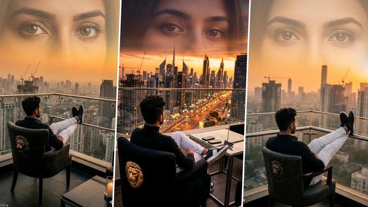 Cinematic double exposure AI portrait of man sitting on balcony with luxury city skyline sunset background