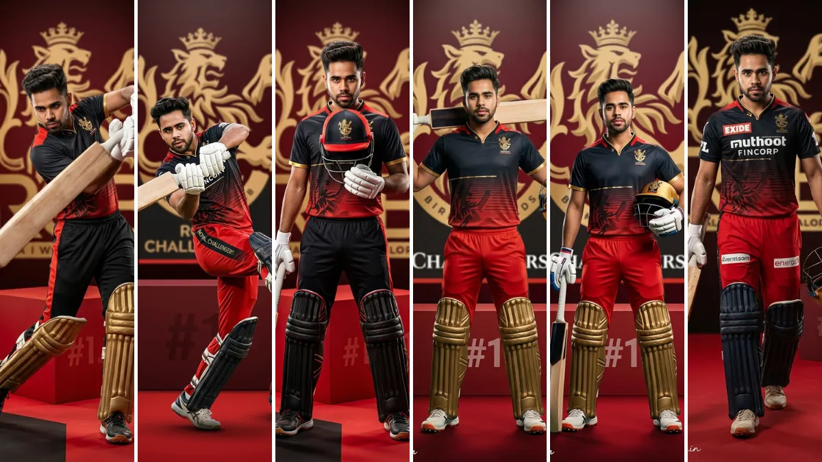 A five-panel image collage featuring a young male cricketer in various Royal Challengers Bangalore (RCB) jerseys and batting gear (pads, helmet, gloves), striking powerful batting poses and walking confidently on a cricket pitch, illustrating sports fashion AI prompts on All AI Prompt Hub.