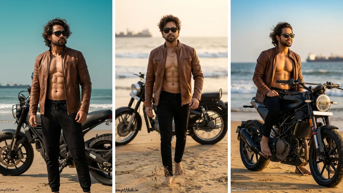 Three-panel image collage showing a rugged male model with curly hair, sunglasses, and a bare torso under an open brown leather jacket, walking barefoot and sitting on a motorcycle on a beach at sunset, created with an AI prompt.