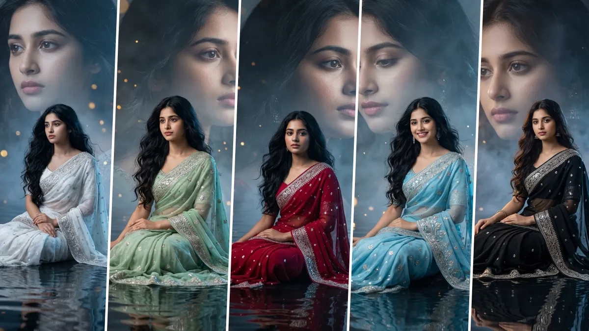 Dreamy Indian saree girl cinematic AI portrait with water reflection and soft aesthetic lighting