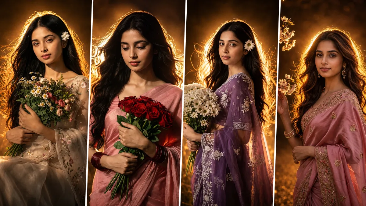 Discover the best cinematic AI saree girl portrait prompts for creating ultra realistic Indian female photos with dreamy lighting, floral aesthetics, and professional photography style using AI tools.