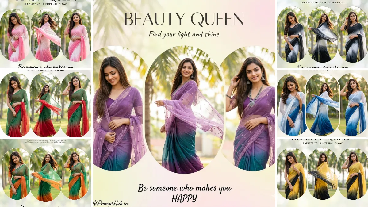 Beautiful Indian woman in colorful saree posing in cinematic outdoor photoshoot collage with soft lighting and aesthetic background