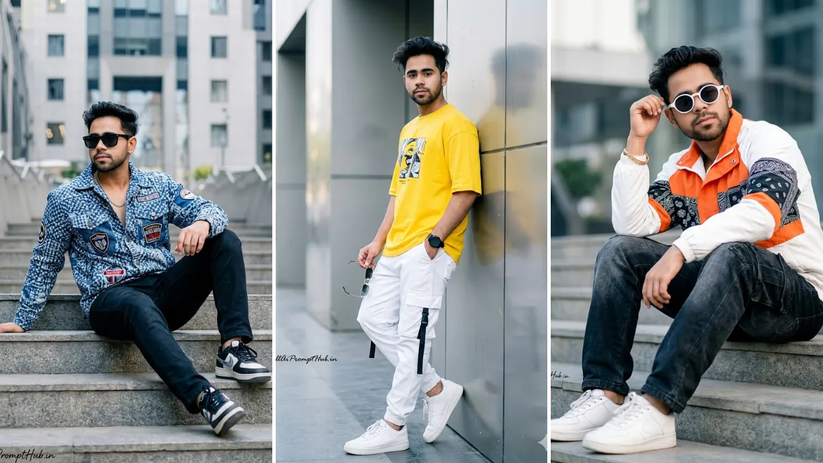 A three-image collage showing a young Indian man in various urban street style outfits, illustrating realistic male fashion photography generated with AI prompts.
