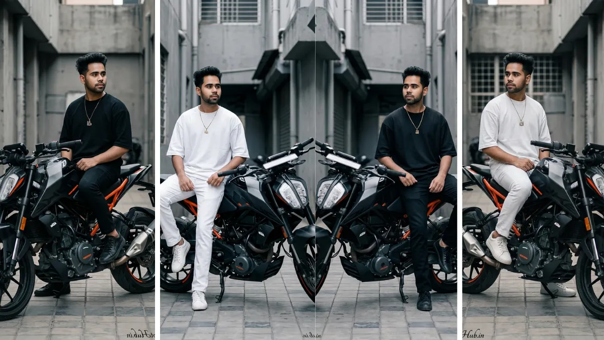 A four-panel image collage showing a young Indian man in various minimalist urban fashion poses, wearing an all-black T-shirt and jeans in one and an all-white T-shirt and jeans in another, sitting and leaning on a grey KTM Duke motorcycle in a concrete urban alleyway, illustrating realistic male model AI prompts on All AI Prompt Hub.