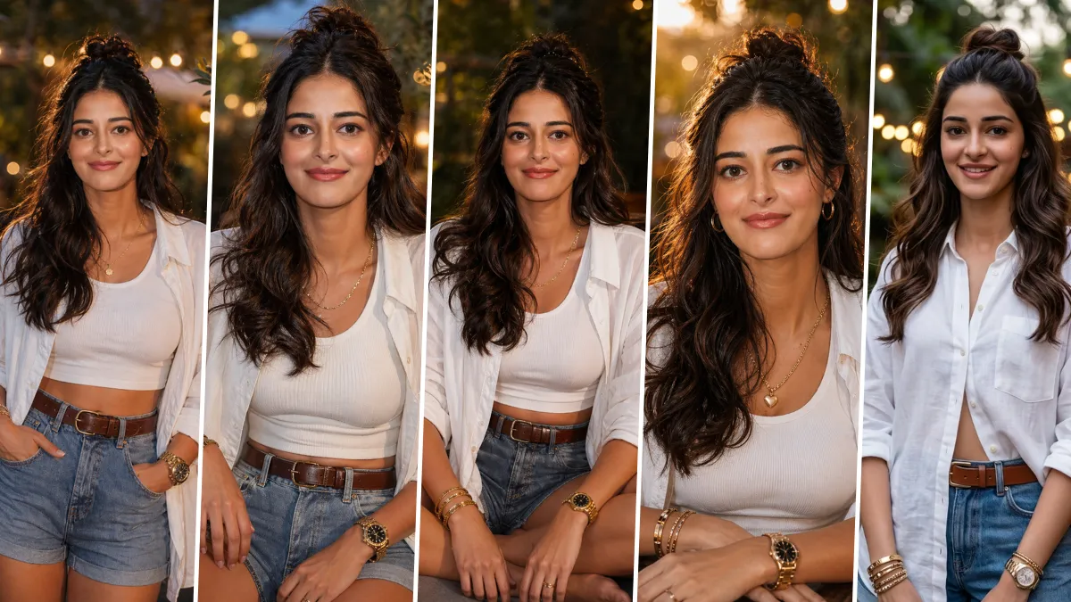 A five-panel cinematic collage featuring realistic AI-generated portraits of model Ananya Panday in a relaxed outdoor cafe setting. She wears a casual yet chic outfit of denim shorts and a white ribbed tank top, layered with an oversized unbuttoned white button-down shirt and a brown leather belt. She is adorned with golden accessories, including a watch and bracelets. Background features include blurred green foliage, wooden tables, and warm, bokeh-filled string fairy lights, illustrating realistic female portrait AI prompts on All AI Prompt Hub