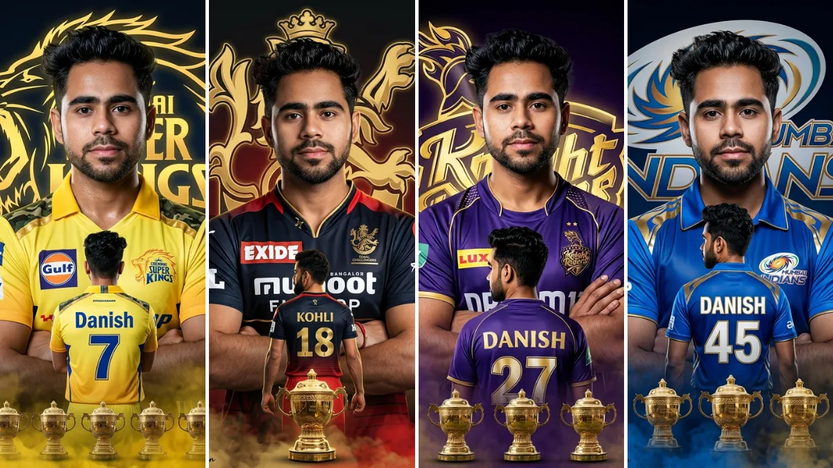 A four-panel cinematic collage featuring a young male cricketer named Danish and Virat Kohli wearing various realistic IPL jerseys from the Chennai Super Kings (CSK), Royal Challengers Bangalore (RCB), Kolkata Knight Riders (KKR), and Mumbai Indians (MI), striking confident poses with team logos, sponsor badges (Exide, Gulf, Lux), trophy silhouettes, and large team crests, illustrating sports fashion AI prompts on All AI Prompt Hub