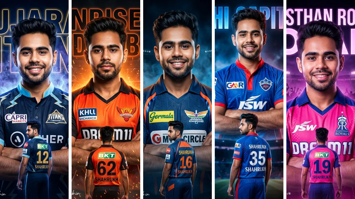 A five-panel cinematic collage featuring a young male cricketer named Shahrukh wearing various realistic IPL jerseys from the Gujarat Titans, Sunrisers Hyderabad, Lucknow Super Giants, Delhi Capitals, and Rajasthan Royals, striking confident poses with team logos and sponsor badges (Capri, Dream11, Germala, BKT) in front of large team crests, illustrating sports fashion AI prompts on All AI Prompt Hub.