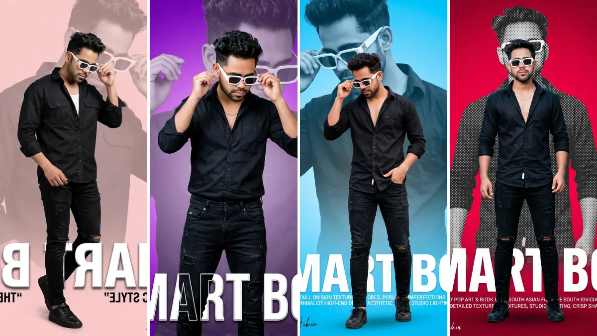 A four-panel cinematic collage featuring a young man with short dark hair in various realistic fashion poses, wearing an all-black button-up shirt and black distressed jeans with large white sunglasses. He strikes dynamic poses, including adjusting sunglasses and hand-in-pocket stances against pink, purple, blue, and red backgrounds. Large text overlays on the bottom read 'SMART BOY,' illustrating realistic male portrait AI prompts on All AI Prompt Hub