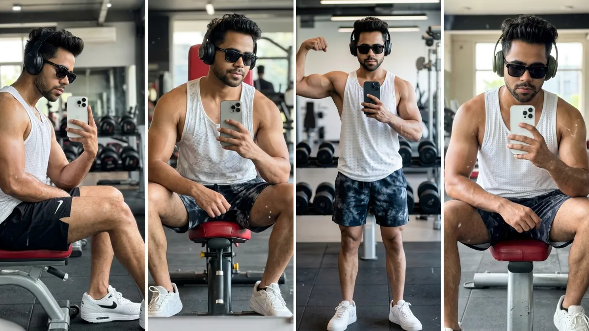 A three-panel cinematic collage featuring a young South Asian man with short curly hair in various confident poses at a modern gym, taking mirror selfies with a white iPhone 14 Pro. In one panel, he is flexing his right bicep while standing, showing muscle definition, and in another, he is sitting on a red workout bench. He is wearing a white sleeveless mesh tank top, black and patterned athletic shorts, and white sneakers, illustrating realistic male and fitness portrait AI prompts on All AI Prompt Hub.