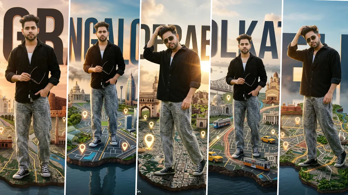 Stylish boy standing on cinematic 3D Kolkata city map with AI-generated travel poster photography