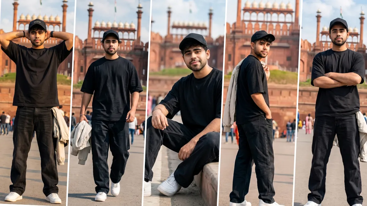 “Stylish boy posing at Red Fort Delhi with cinematic AI-generated travel photography look”