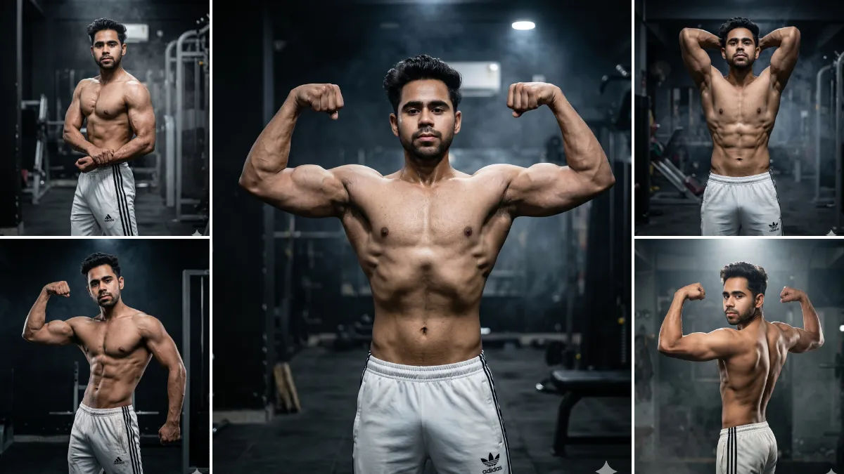 Muscular male bodybuilder flexing in cinematic gym photoshoot with realistic fitness lighting and aesthetic bodybuilding poses