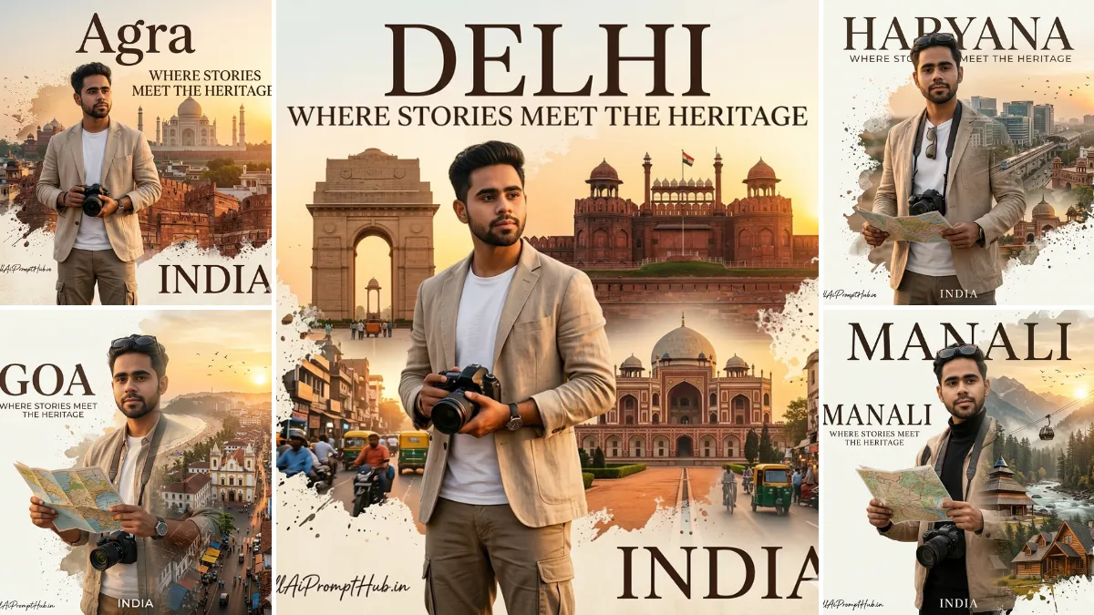 Cinematic Indian travel poster collage featuring Delhi, Agra, Goa, Haryana, and Manali with stylish male traveler and heritage landmarks