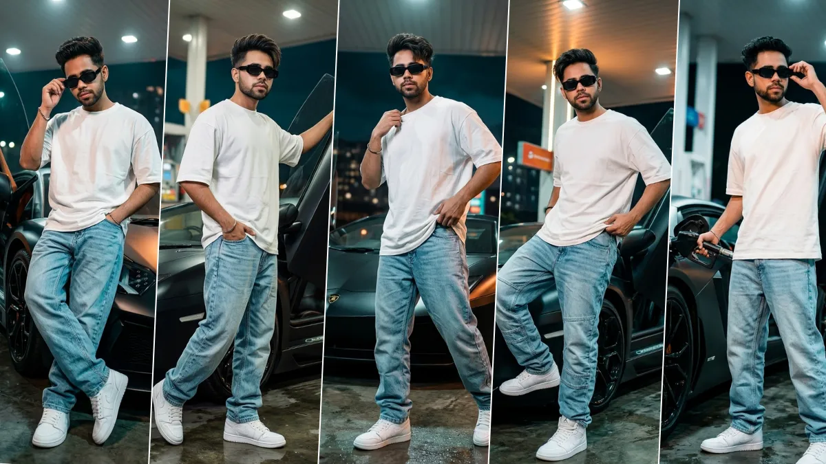 “Cinematic AI-generated street style portrait of a man posing with a luxury sports car at a night gas station, hyper-realistic lighting and fashion photography style”