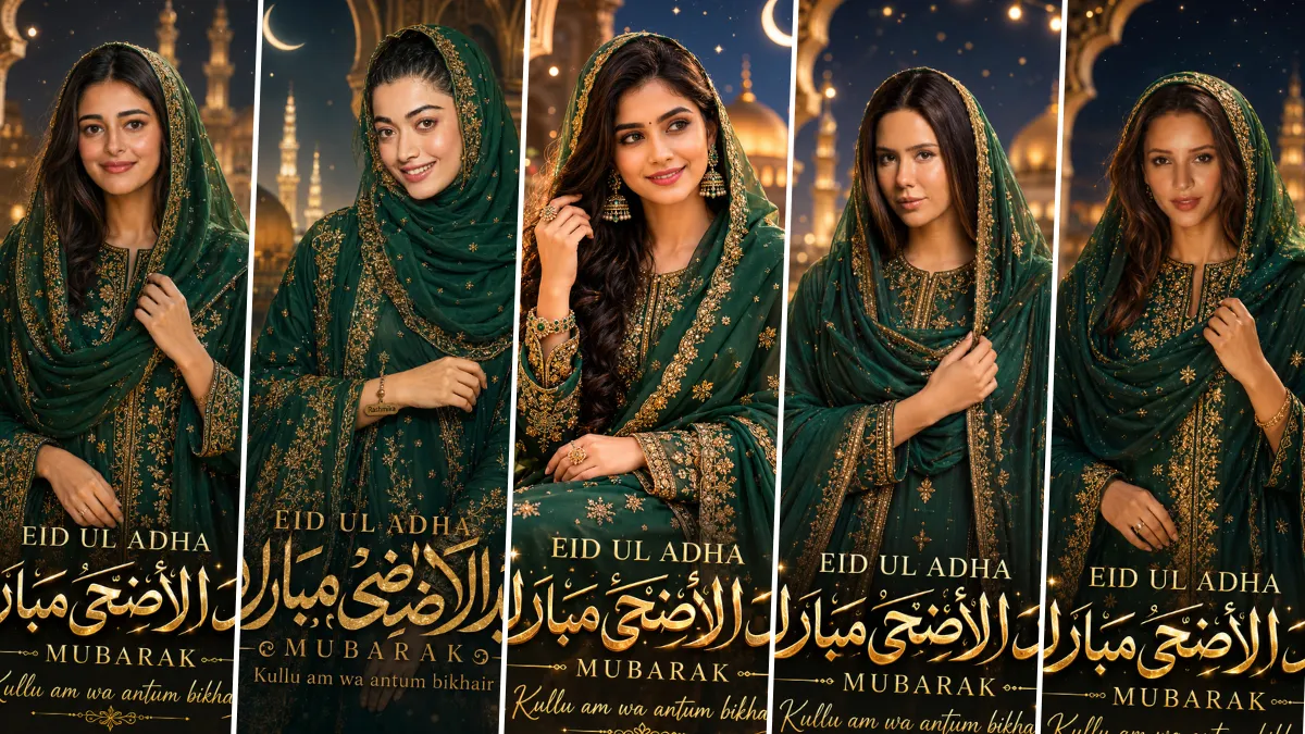 Elegant Muslim girls wearing green embroidered hijab dresses in cinematic Eid Ul Adha AI portrait style with Islamic golden mosque background
