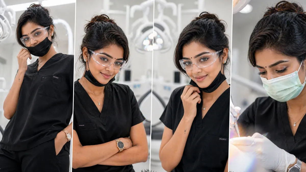 female dentist photoshoot in dental clinic wearing scrubs, mask and gloves showcasing professional healthcare portrait created using AI prompts