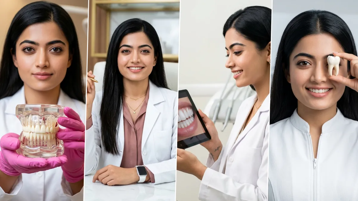 professional female dentist photoshoot with dental tools, smile model and clinic setup created using AI prompts