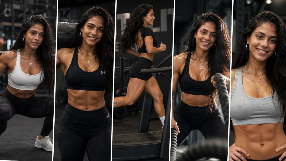 Female fitness model in gym with cinematic lighting and athletic workout poses generated using AI photo editing prompt