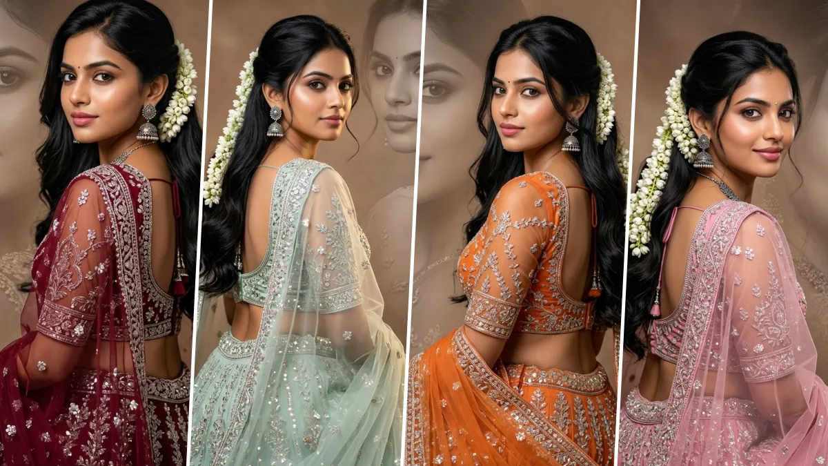Beautiful Indian bridal model wearing embroidered lehenga in cinematic wedding portrait photoshoot with elegant traditional styling