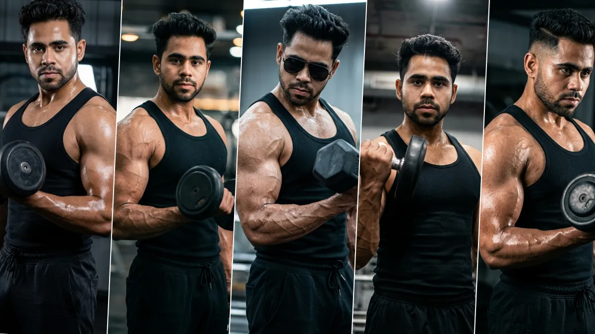 “Hyper-realistic AI-generated fitness model performing dumbbell bicep curls in a gym, cinematic lighting and bodybuilding photography style”