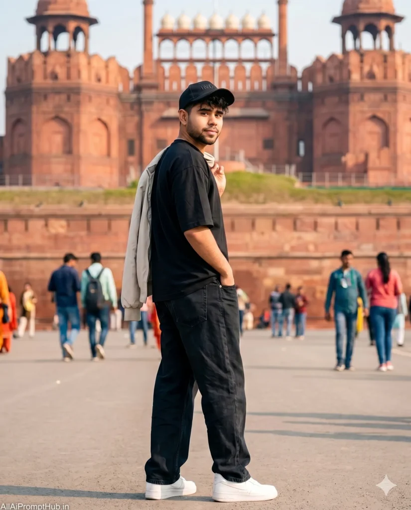 Realistic Delhi travel photography AI prompt for male portraits