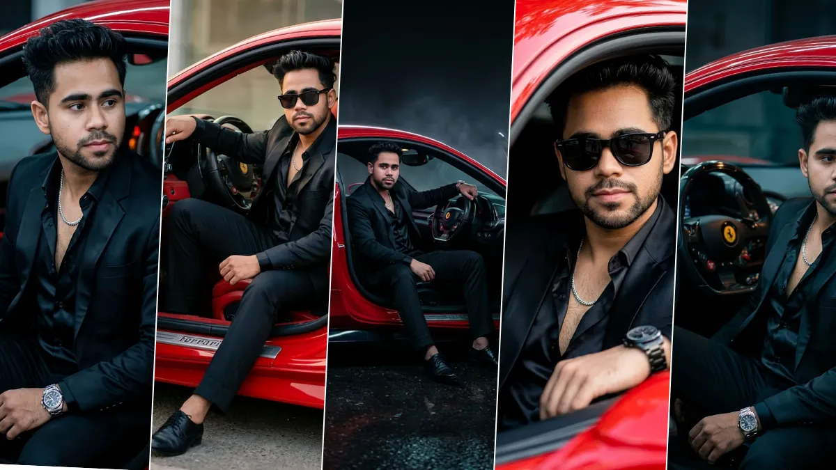 “Cinematic AI-generated portrait of a stylish man in a black suit posing with a red luxury sports car, hyper-realistic fashion photography lighting”
