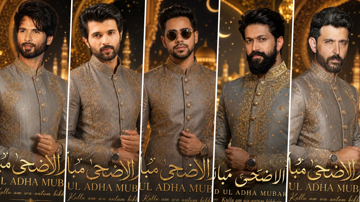 Luxury Eid Ul Adha AI portrait of stylish Muslim men wearing embroidered sherwani with cinematic Islamic background