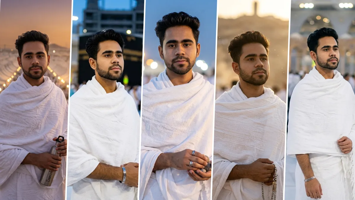Muslim boy wearing Ihram in Makkah with cinematic AI-generated Umrah portrait photography