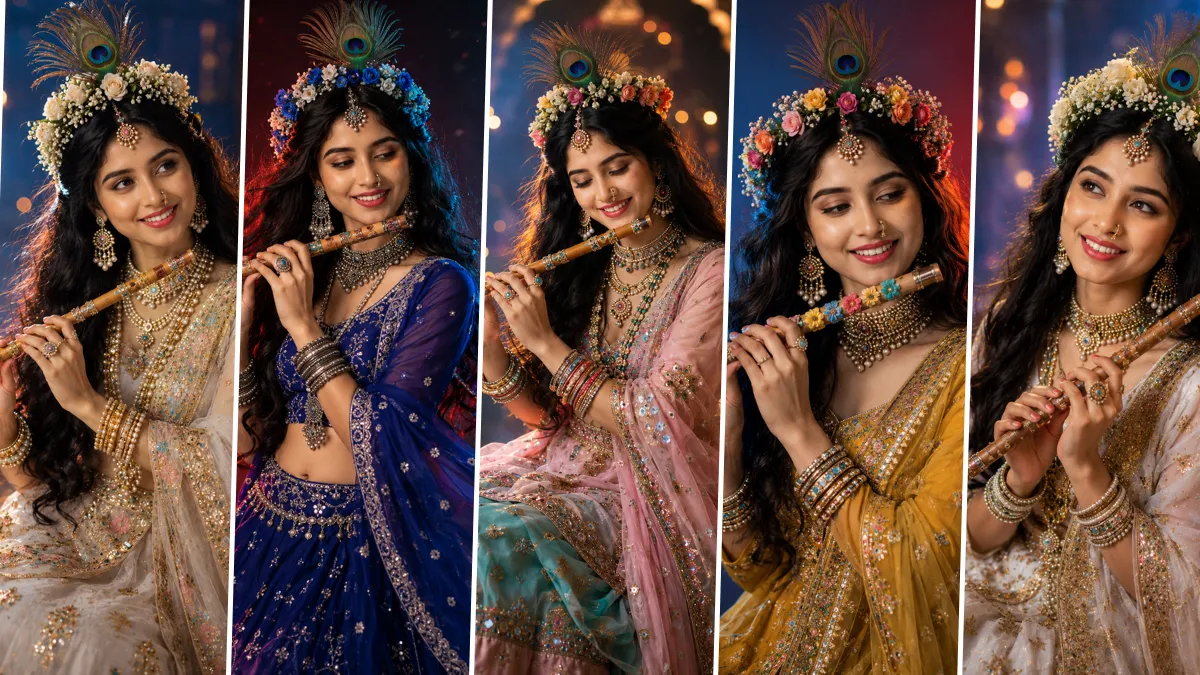 Traditional Indian girl in colorful lehenga playing flute with peacock feather crown in cinematic Radha Krishna inspired AI portrait