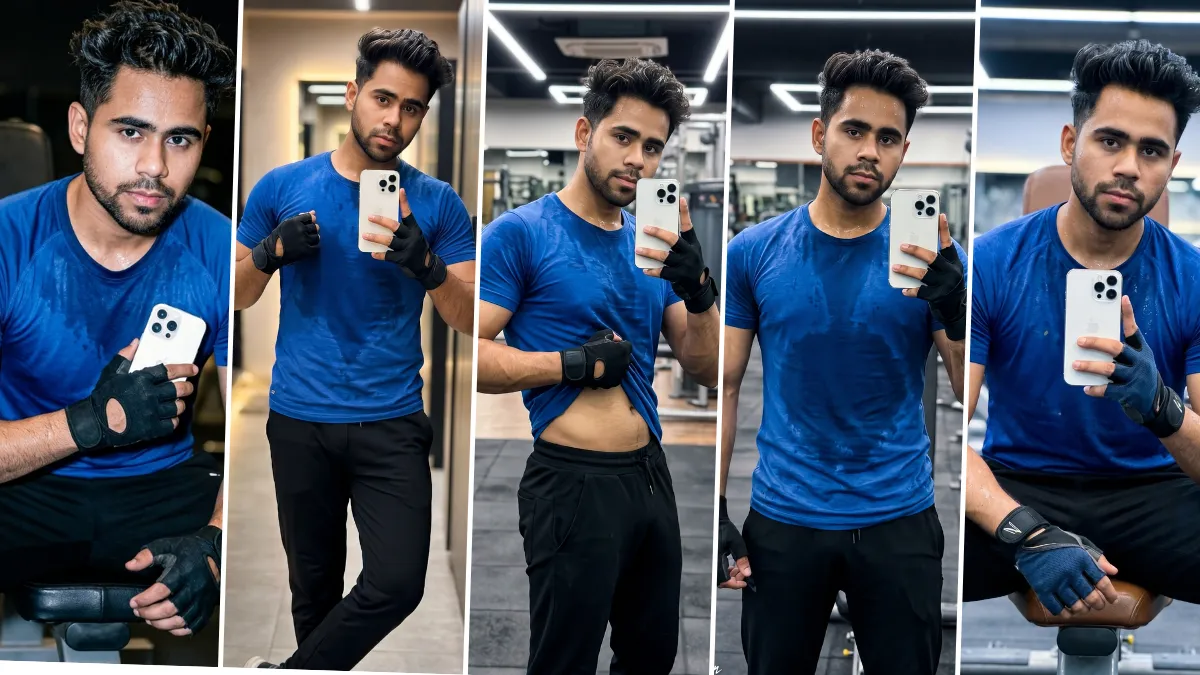 Young fitness model taking gym mirror selfies in blue workout t-shirt with cinematic lighting and realistic fitness photography style
