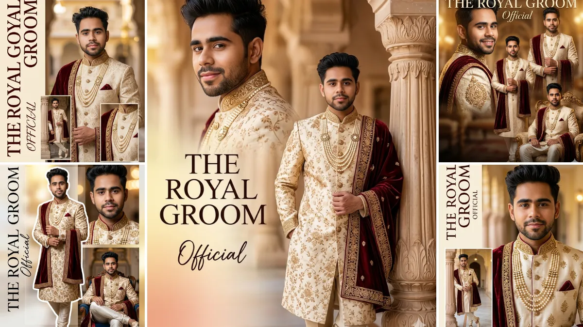 Royal Indian groom wearing luxury sherwani in cinematic AI-generated wedding portrait photoshoot
