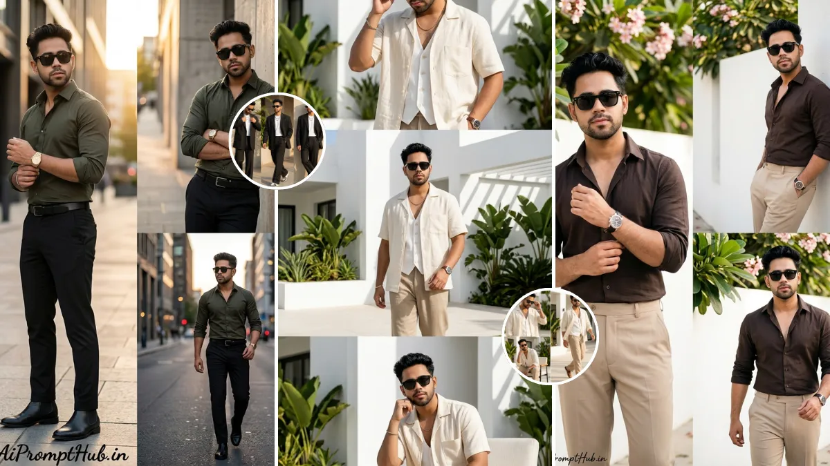Stylish men fashion AI photo editing collage with cinematic DSLR portrait poses and luxury outfit aesthetics