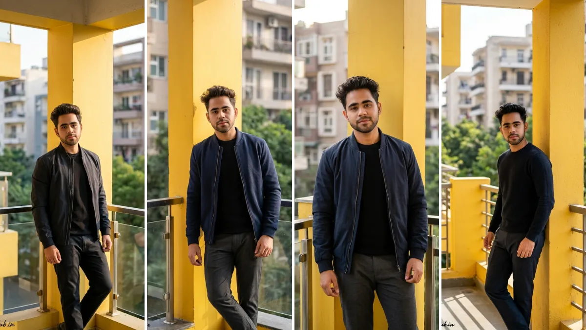 A collage of four photos showing a young Indian male model in a dark navy bomber jacket and black sweater, posing against distinct yellow architectural pillars with urban buildings blurred in the background. The poses demonstrate trendy streetwear. This is an example of a high-quality AI photo editing prompt result from allaiprompthub.in.