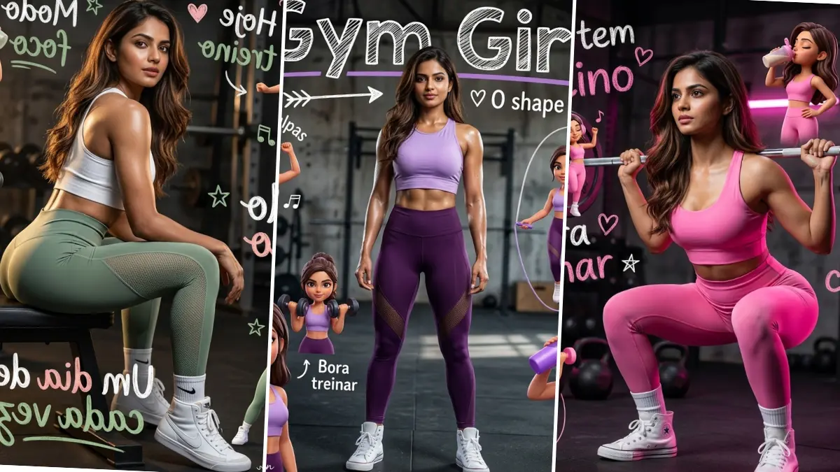 Fitness model performing workout poses in gym, hyper realistic AI portrait prompts