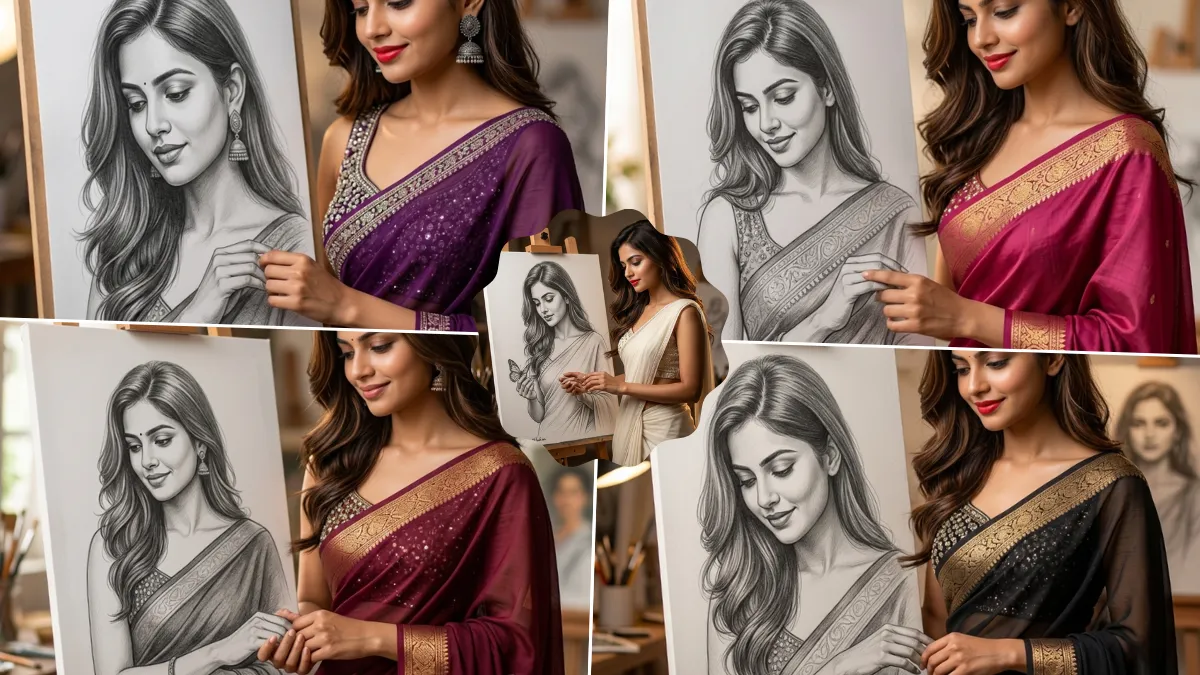 AI generated Indian saree portrait with realistic photography and pencil sketch artwork transformation