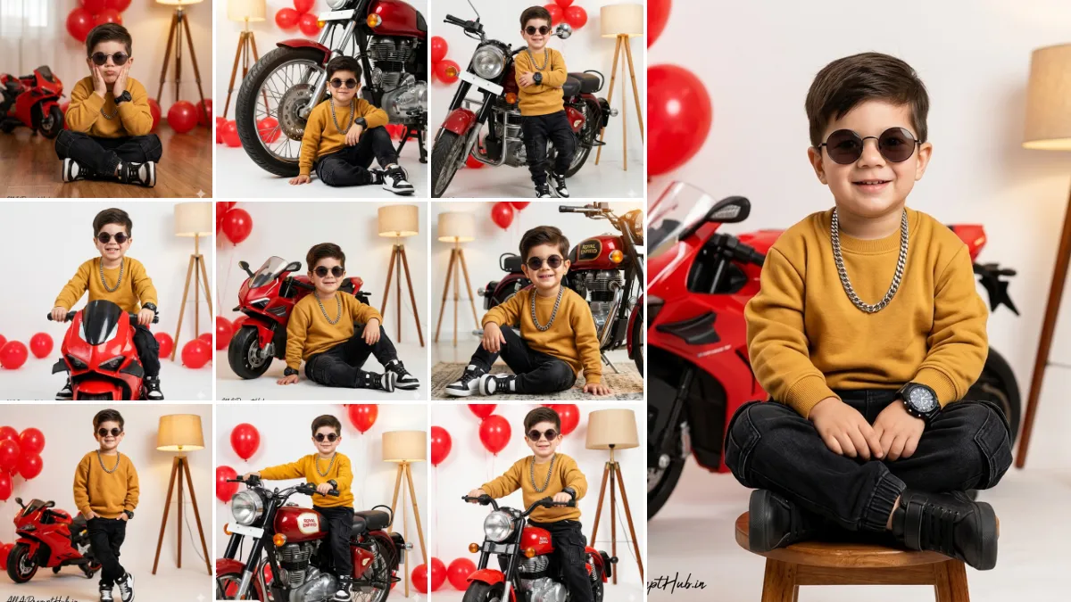 Ultra realistic kids lifestyle portrait with toy motorcycle photoshoot, cinematic AI generated prompt style