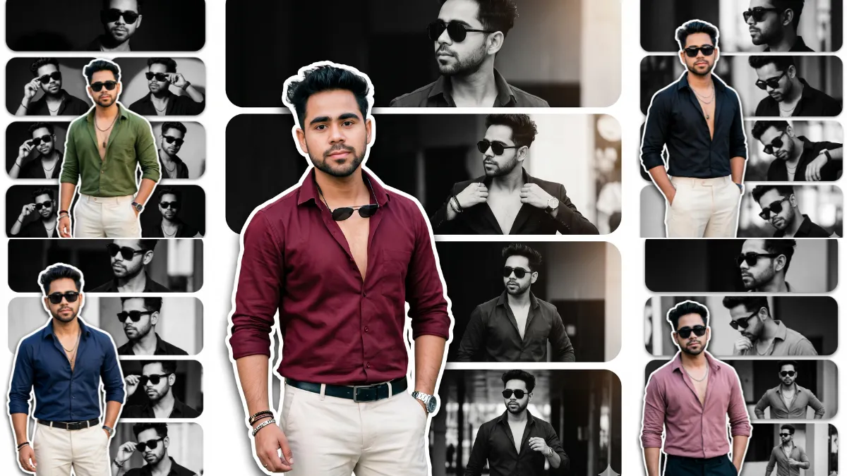 Stylish male fashion collage with cinematic black and white AI portrait photography for Instagram