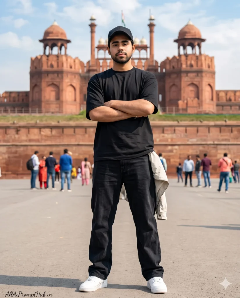 Stylish Indian boy standing near Red Fort cinematic AI portrait