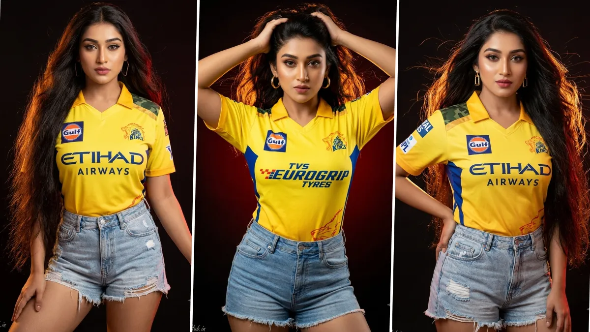Stylish girl wearing Chennai Super Kings jersey in cinematic AI photoshoot style