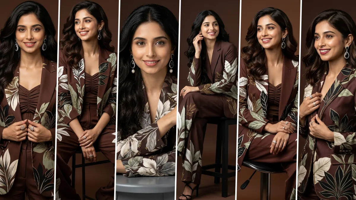 Elegant female corporate fashion model wearing floral blazer suit generated using AI portrait photography prompt